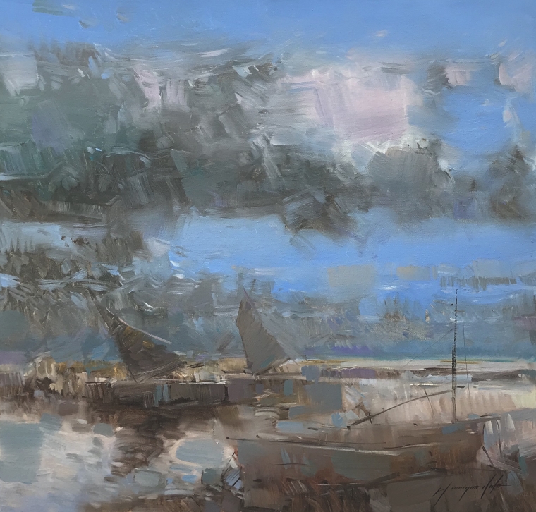 Old Harbor, Original oil Painting, Handmade artwork, One of a Kind               